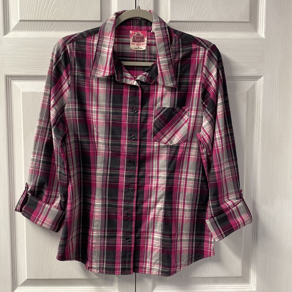 Hot Pink Plaid Button Up Top Juniors Large Hot Topic